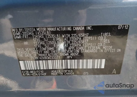 2012 Toyota Rav4 из США, поврежденный, VIN 2T3BF4DV8CW233371